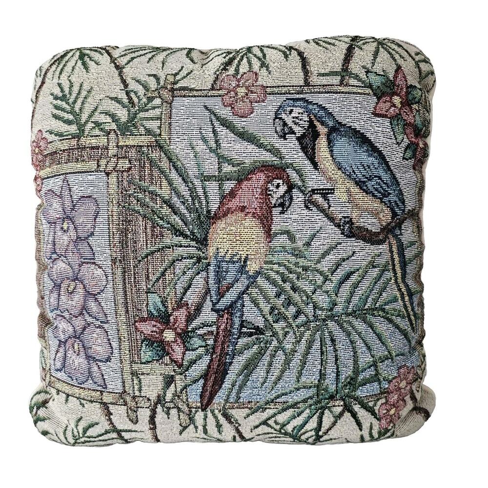Parrot Throw Pillow Tapestry Vintage Tropical Palm Orchid Birds Parrots Woven 90